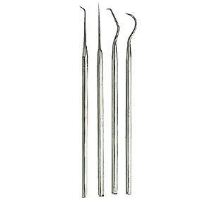 Probe Set, 4 Pack, Stainless Steel, Electronics Precision Work, Hook, Curved, Straight, Angle Tips in a Vinyl Carrying Case