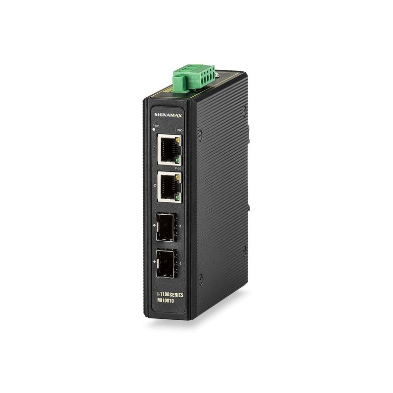 I-1100 Gigabit SFP PoE+ Industrial Media Converter - 2 PoE+ Ports, 2 SFP Ports - Signamax FO-MI10010