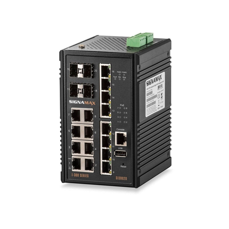 I-300 16 Port Industrial Managed Gigabit PoE+ Switch with 4 SFP Ports - Signamax FO-SI30021