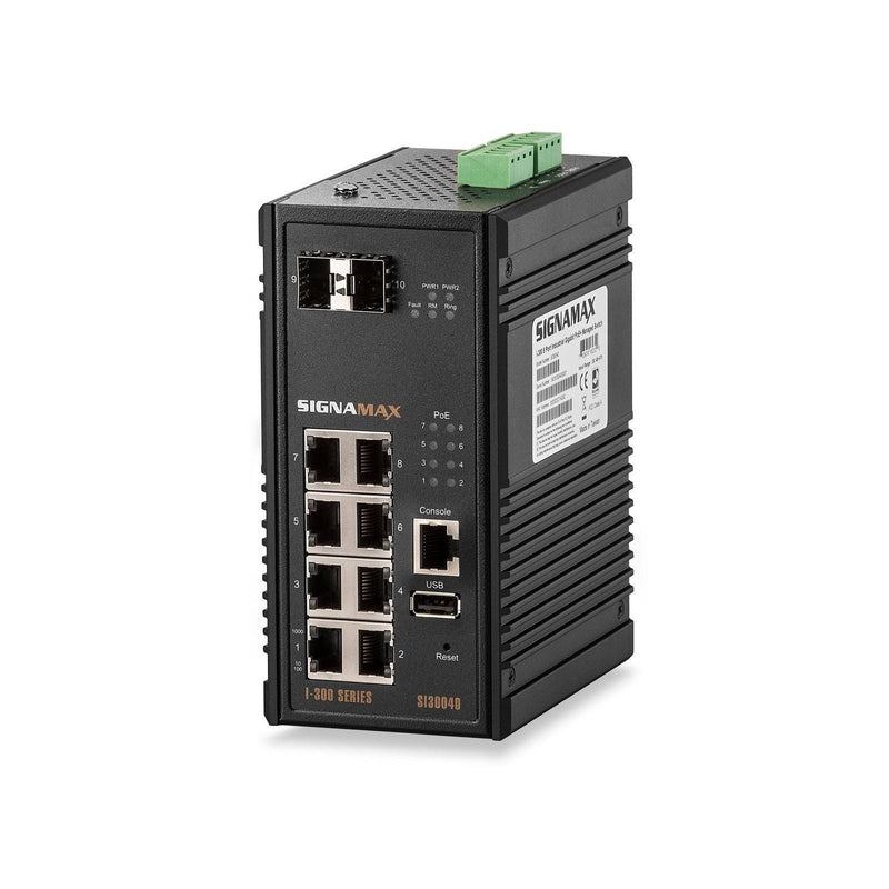 I-300 8 Port Industrial Managed Gigabit PoE+ Switch with 2 SFP Ports - Signamax FO-SI30040