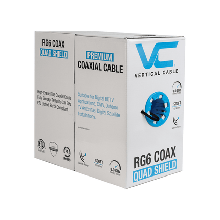 RG6 Quad Shield CCS Coaxial Cable, 3 GHz,18AWG, Black, 500 ft.