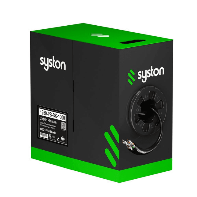 Syston CAT 6E 600MHz UTP Plenum Cable – 1000ft Black
