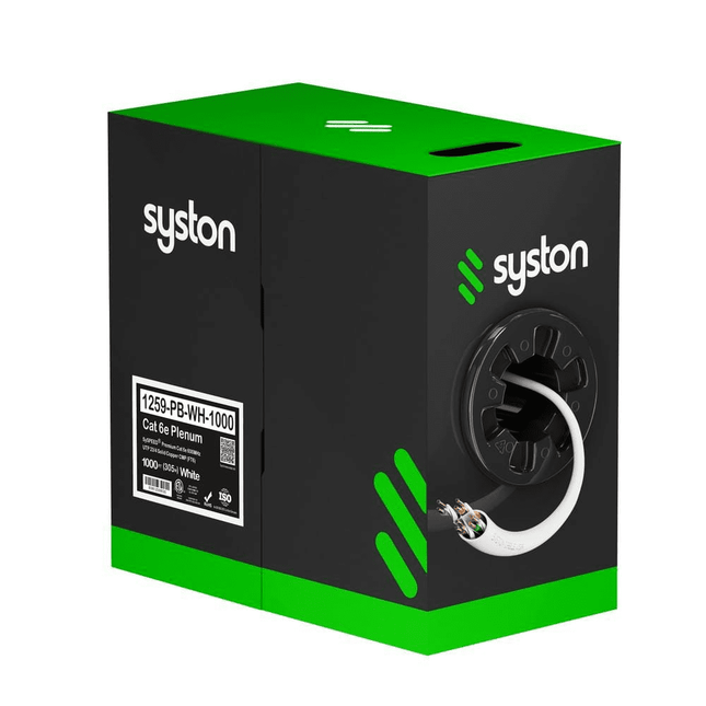 Syston CAT 6E 600MHz UTP Plenum Cable – 1000ft White