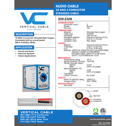 18AWG 2-Conductor Stranded Audio Cable, White, 500 ft Pull Box