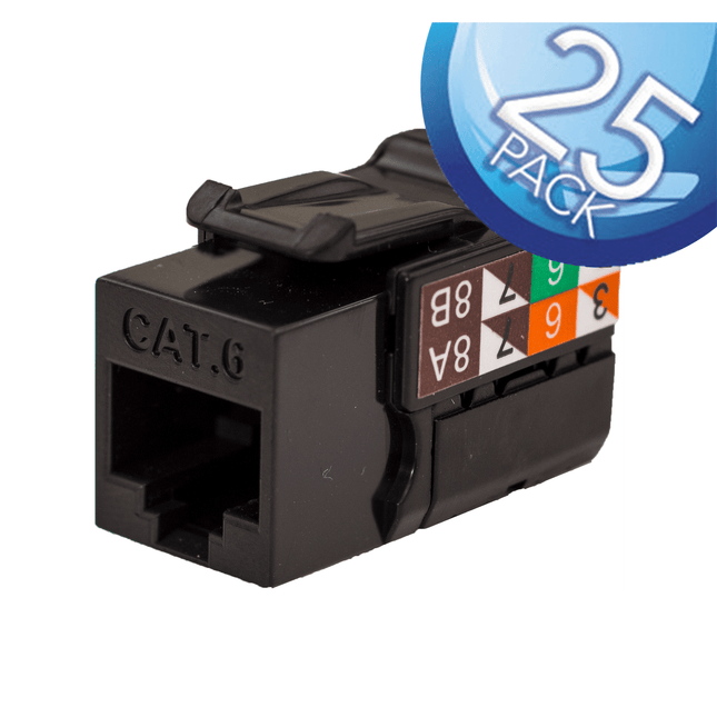 Black CAT6 V-Max Keystone Jacks – Contractor Pack of 25