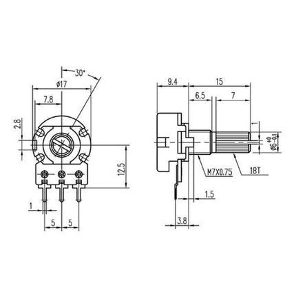 5K Ohm 1/2W Linear Potentiometer, 15mm Shaft