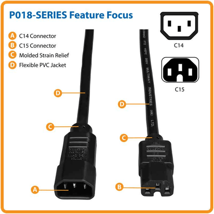 C14 to C15 Power Cord – 15A, 3 ft., Black