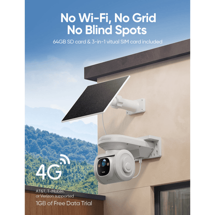 4G 4MP Pan-Tilt Solar-Powered Camera, 2-way Audio, includes Panel