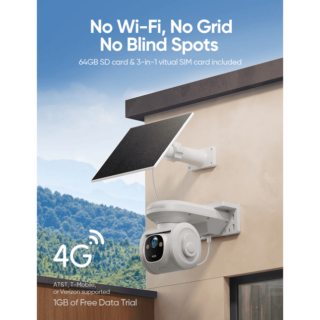4G 4MP Pan-Tilt Solar-Powered Camera, 2-way Audio, includes Panel
