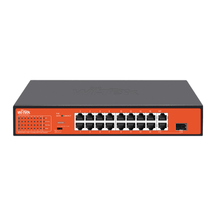 16-port 10/100 200W PoE+ Ethernet Switch w/ 1G and 1x SFP ports, 250m Transmission