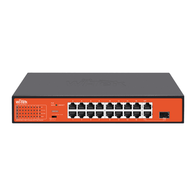 16-port 10/100 200W PoE+ Ethernet Switch w/ 1G and 1x SFP ports, 250m Transmission