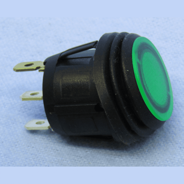 ON-OFF, Illuminated Green Splash Proof Round Rocker Switch, SPST