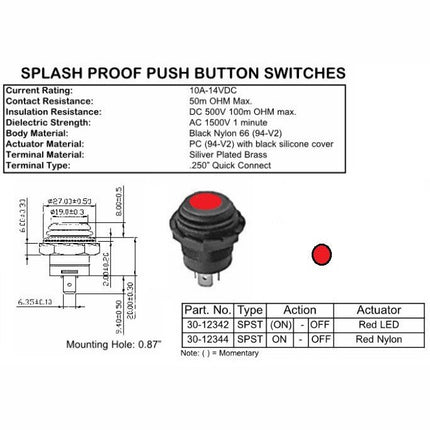 Splash Proof Push Button SPST, ON -OFF