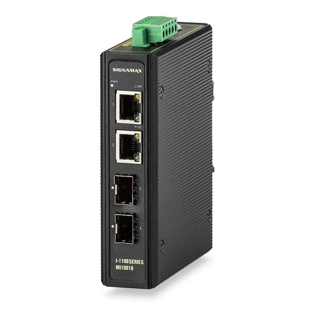 I-1100 Gigabit SFP PoE+ Industrial Media Converter - 2 PoE+ Ports, 2 SFP Ports - Signamax FO-MI10010