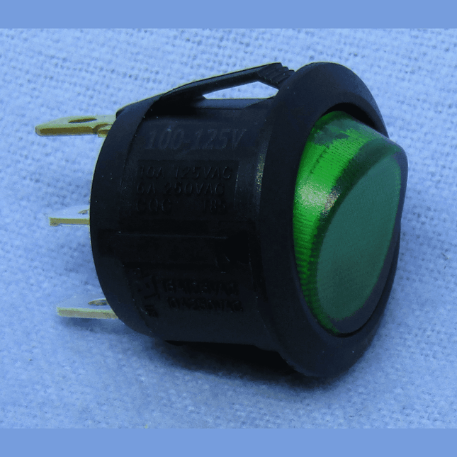 Lighted Green, Round Rocker Switch, On-Off, SPST